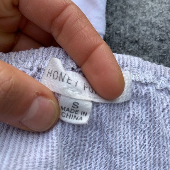 Honey Punch light blue/white stripes cropped top, elastic shoulder wrap, Small - Picture 7 of 8